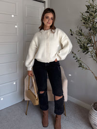 Ellison Round Neck Button Up Cardigan (White)