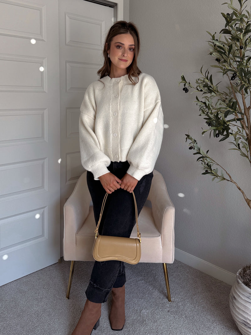 Ellison Round Neck Button Up Cardigan (White)
