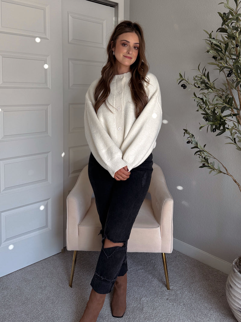 Ellison Round Neck Button Up Cardigan (White)