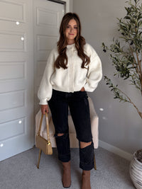 Ellison Round Neck Button Up Cardigan (White)