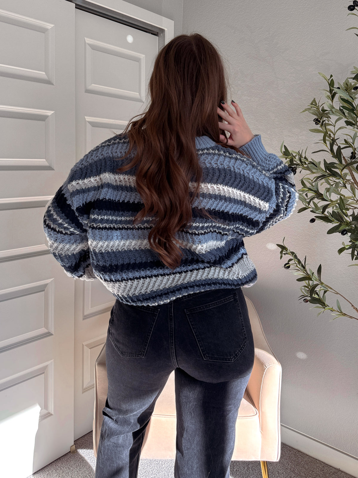 Elodie Striped Chunky Knit Crewneck Sweater (Blue/Multi)