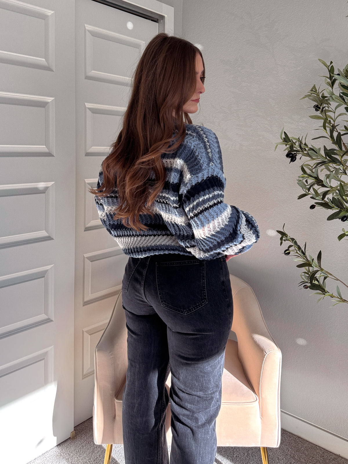 Elodie Striped Chunky Knit Crewneck Sweater (Blue/Multi)