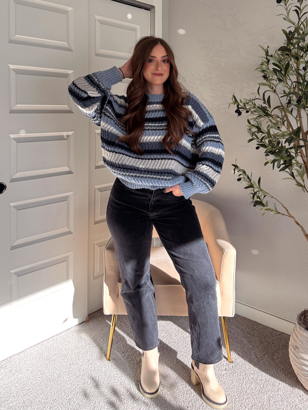 Elodie Striped Chunky Knit Crewneck Sweater (Blue/Multi)