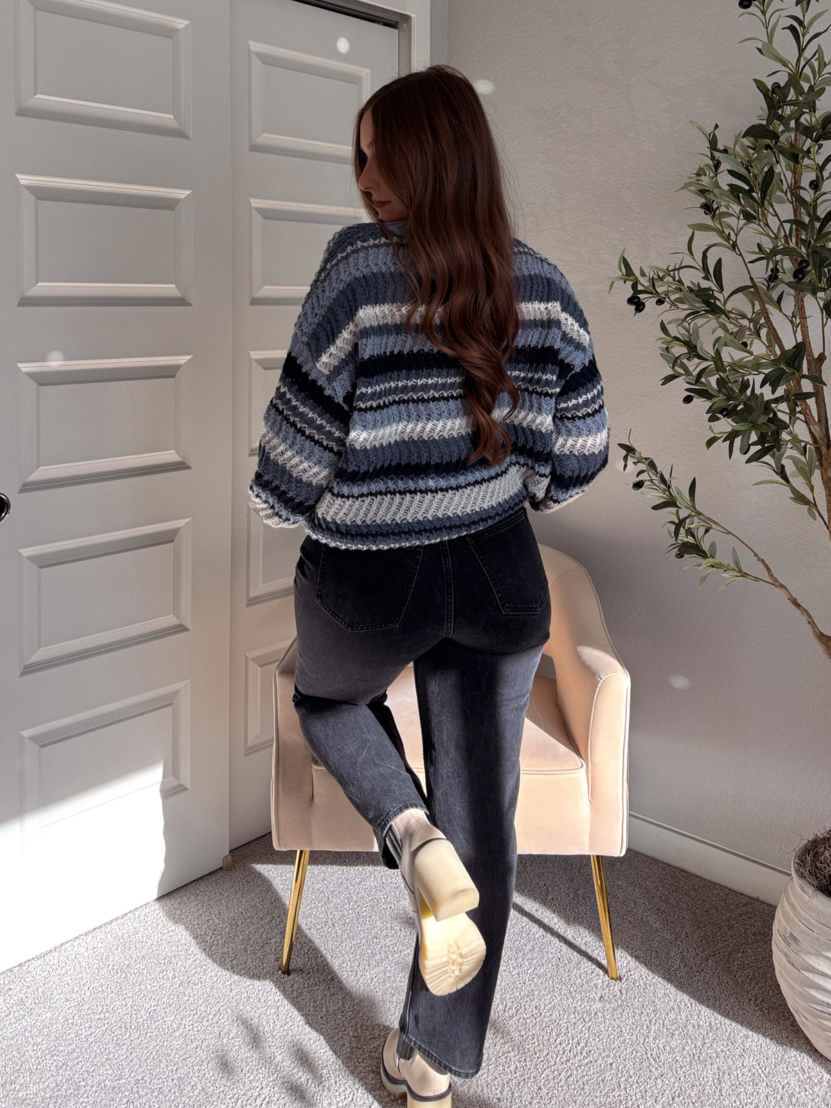 Elodie Striped Chunky Knit Crewneck Sweater (Blue/Multi)