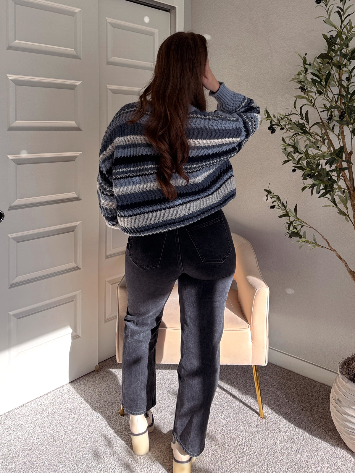 Elodie Striped Chunky Knit Crewneck Sweater (Blue/Multi)