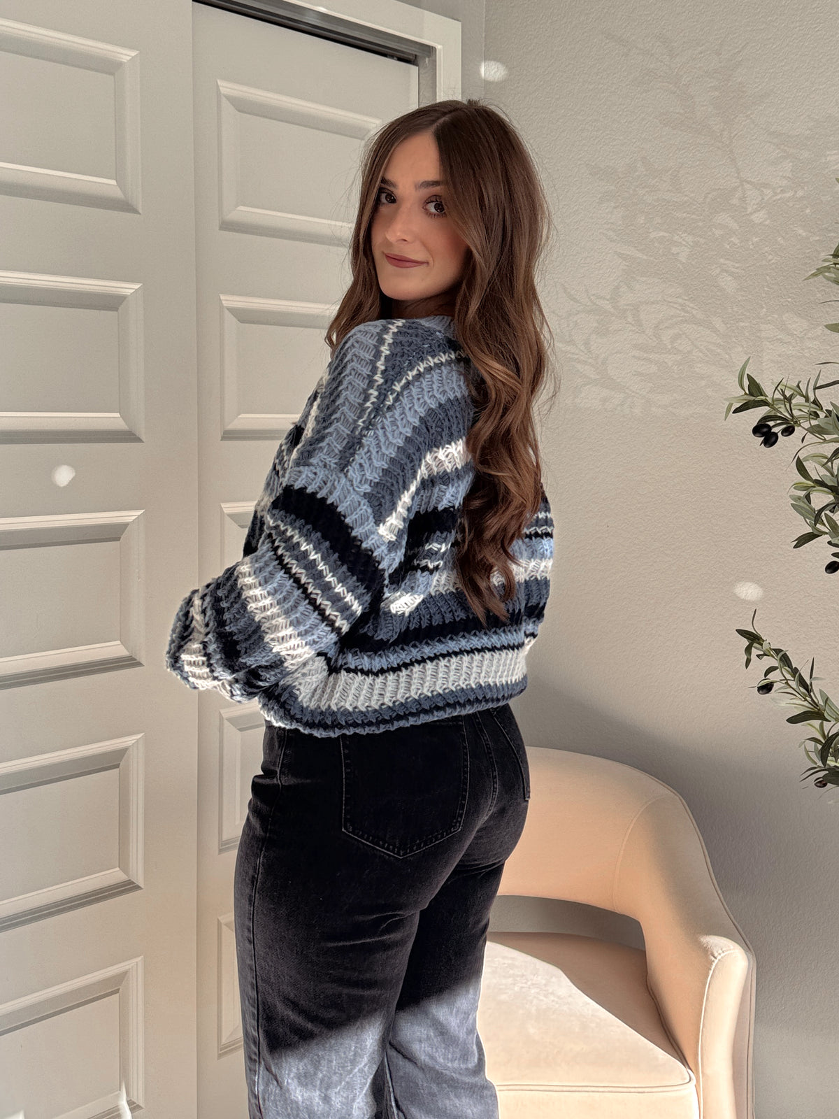 Elodie Striped Chunky Knit Crewneck Sweater (Blue/Multi)