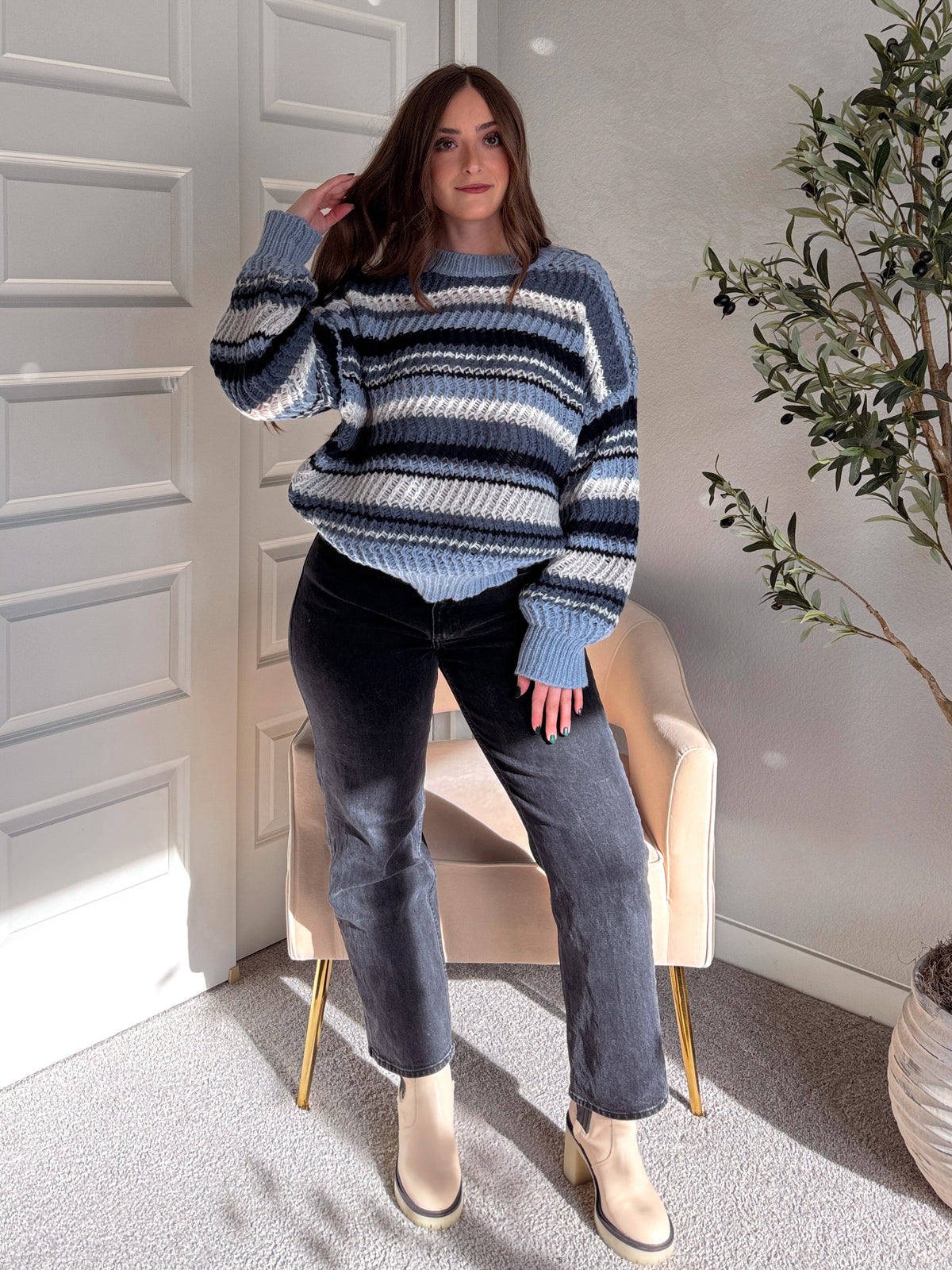 Elodie Striped Chunky Knit Crewneck Sweater (Blue/Multi)