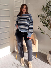Elodie Striped Chunky Knit Crewneck Sweater (Blue/Multi)