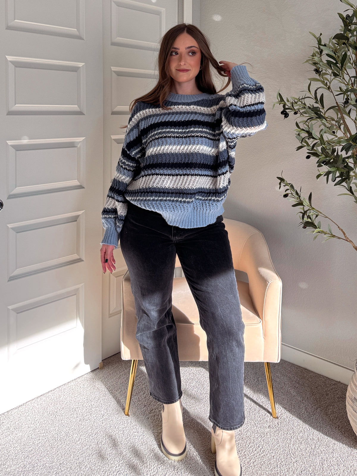 Elodie Striped Chunky Knit Crewneck Sweater (Blue/Multi)