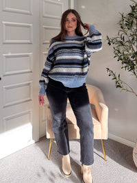 Elodie Striped Chunky Knit Crewneck Sweater (Blue/Multi)