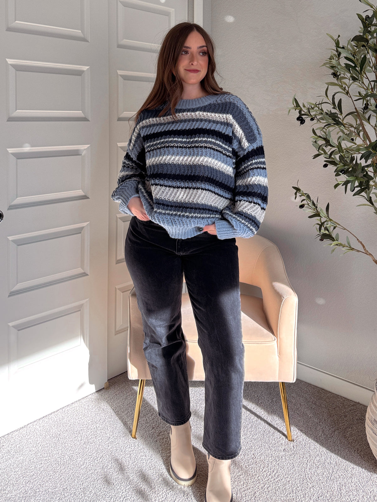 Elodie Striped Chunky Knit Crewneck Sweater (Blue/Multi)