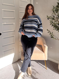 Elodie Striped Chunky Knit Crewneck Sweater (Blue/Multi)