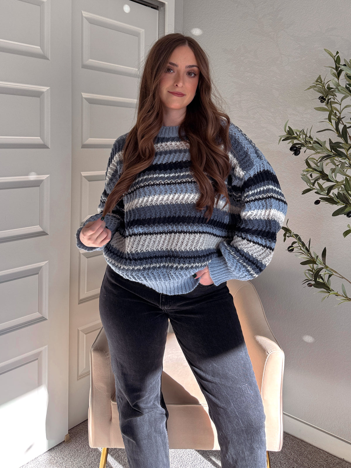 Elodie Striped Chunky Knit Crewneck Sweater (Blue/Multi)