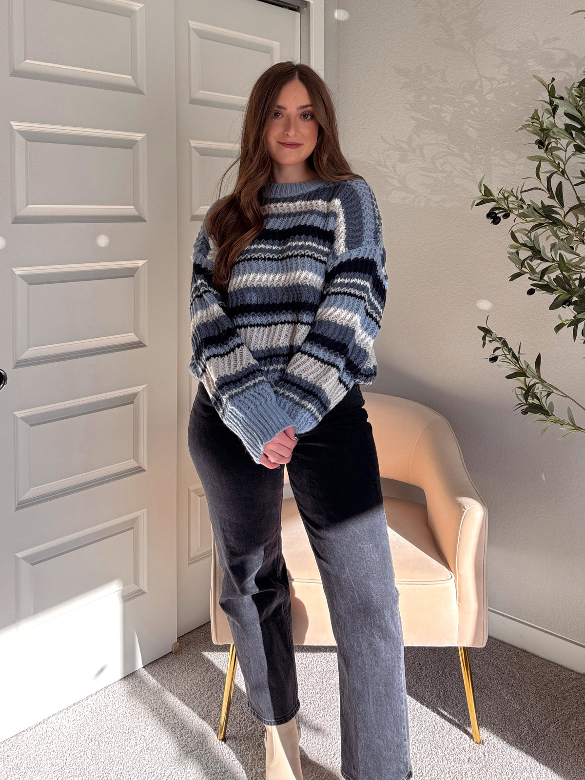 Elodie Striped Chunky Knit Crewneck Sweater (Blue/Multi)