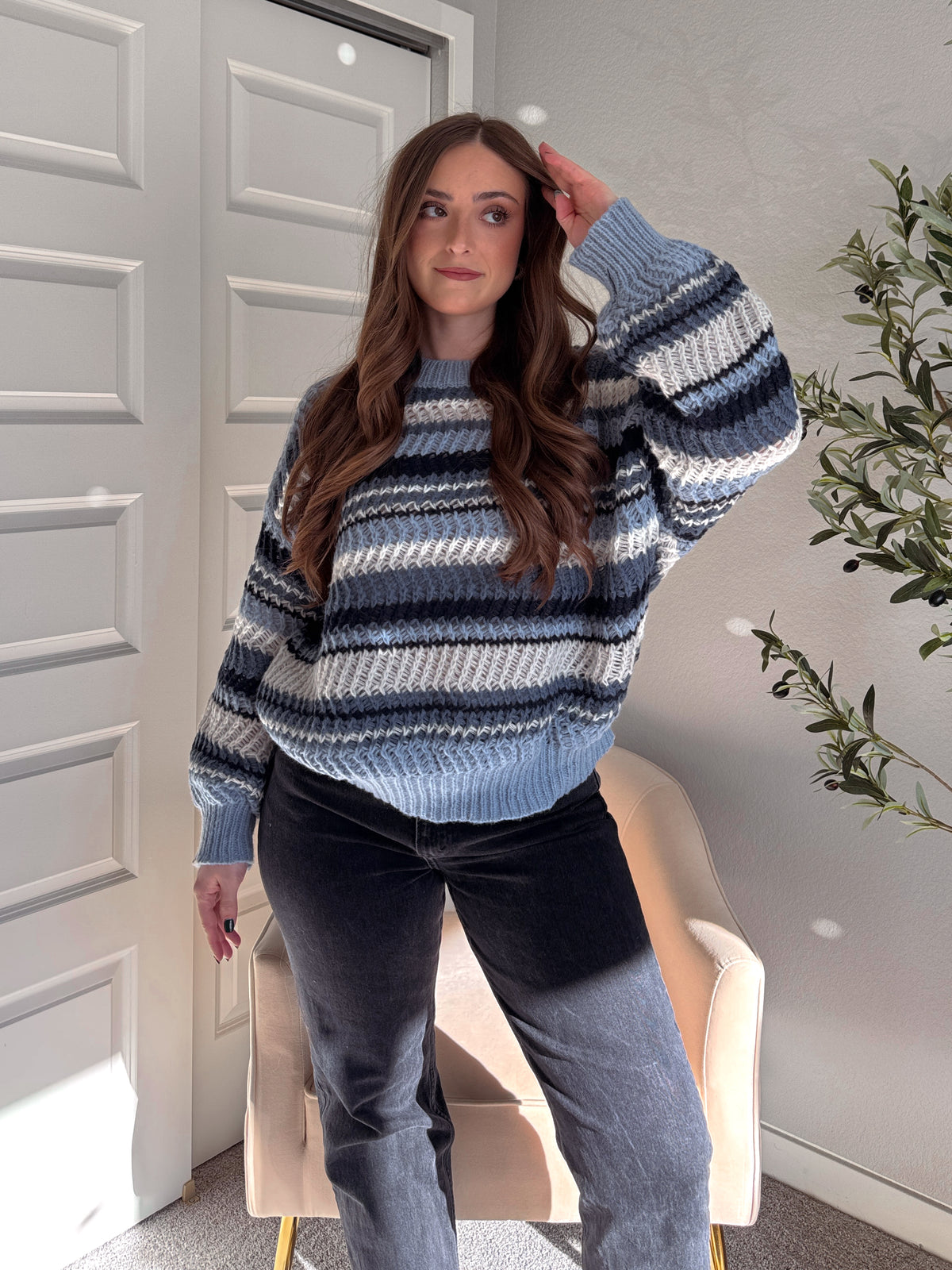 Elodie Striped Chunky Knit Crewneck Sweater (Blue/Multi)