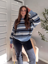 Elodie Striped Chunky Knit Crewneck Sweater (Blue/Multi)