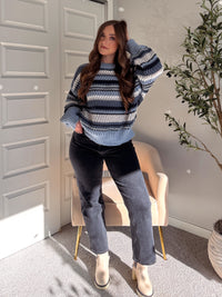 Elodie Striped Chunky Knit Crewneck Sweater (Blue/Multi)