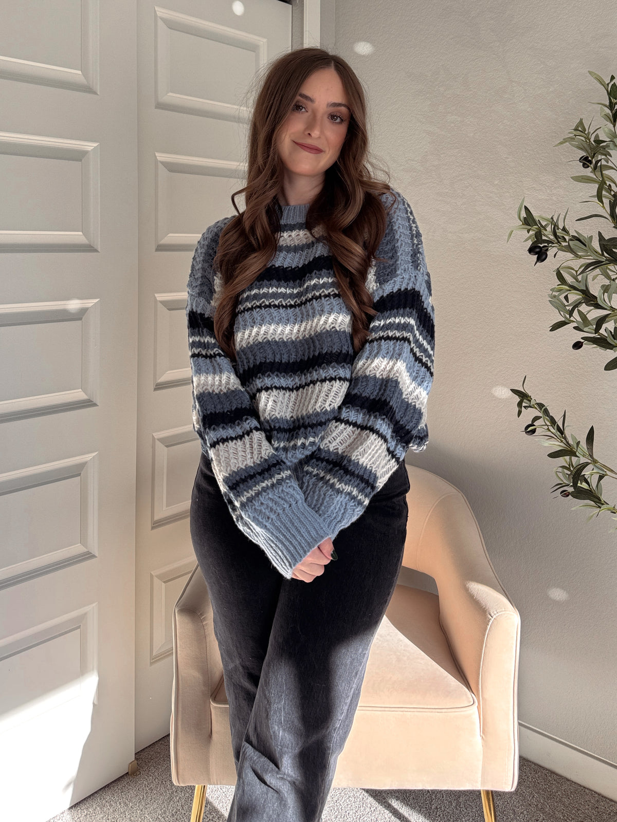 Elodie Striped Chunky Knit Crewneck Sweater (Blue/Multi)