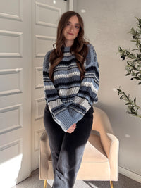 Elodie Striped Chunky Knit Crewneck Sweater (Blue/Multi)