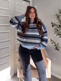 Elodie Striped Chunky Knit Crewneck Sweater (Blue/Multi)