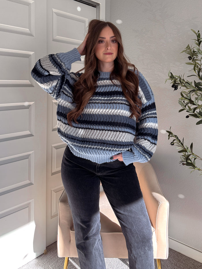Elodie Striped Chunky Knit Crewneck Sweater (Blue/Multi)