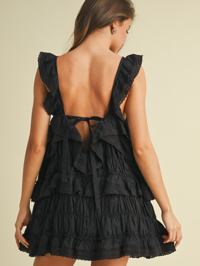 Eloise Tiered Ruffle Cotton Romper (Black) Medium Eloise Tiered Ruffle Cotton Romper (Black) Medium