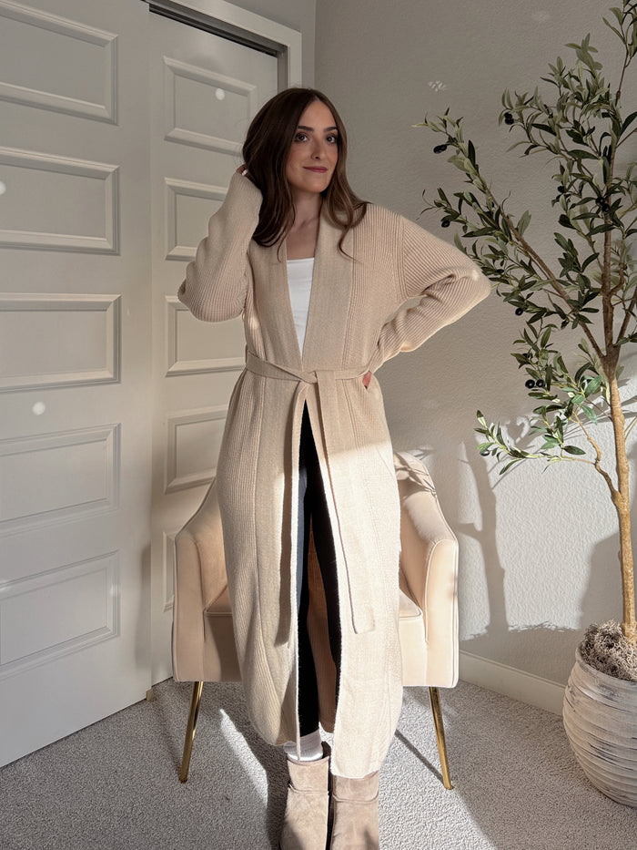 Emilia Longline Waist Tie Knit Cardigan (Oat)
