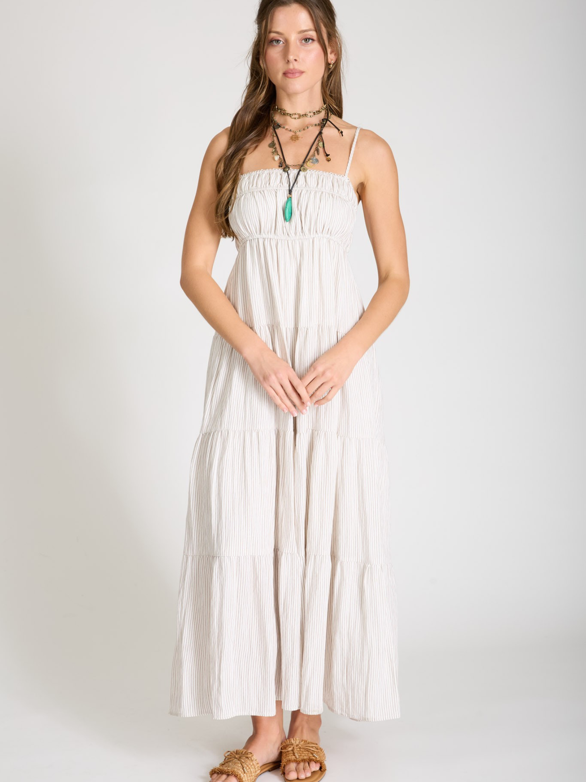 Emma Striped Tiered Empire Maxi Dress (Mocha)