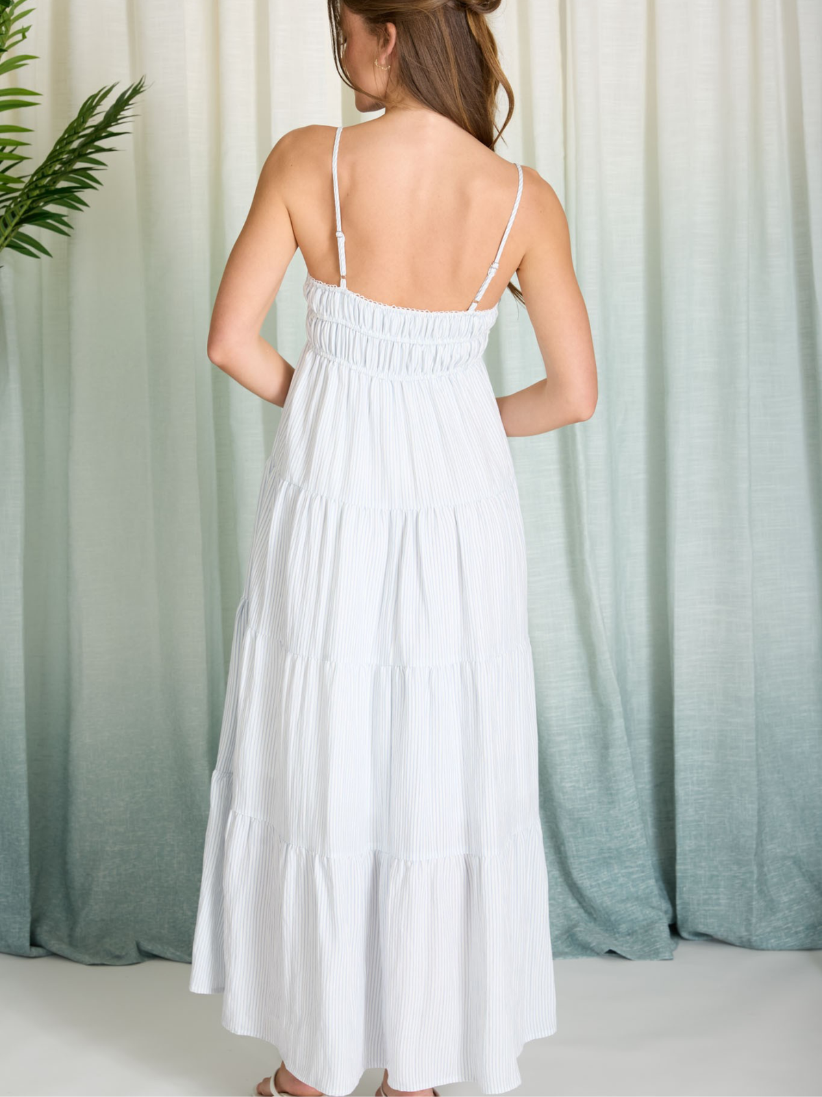 Emma Striped Tiered Empire Midi Dress (Denim Blue)