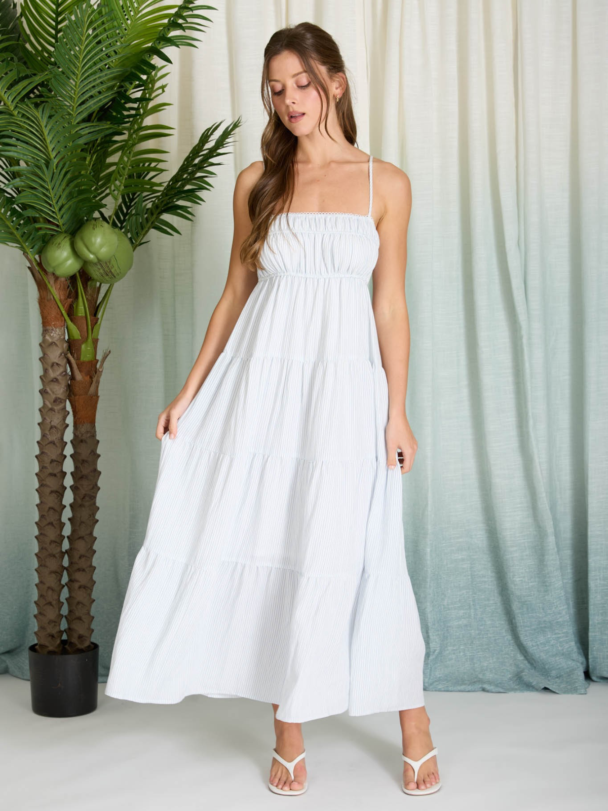 Emma Striped Tiered Empire Midi Dress (Denim Blue)