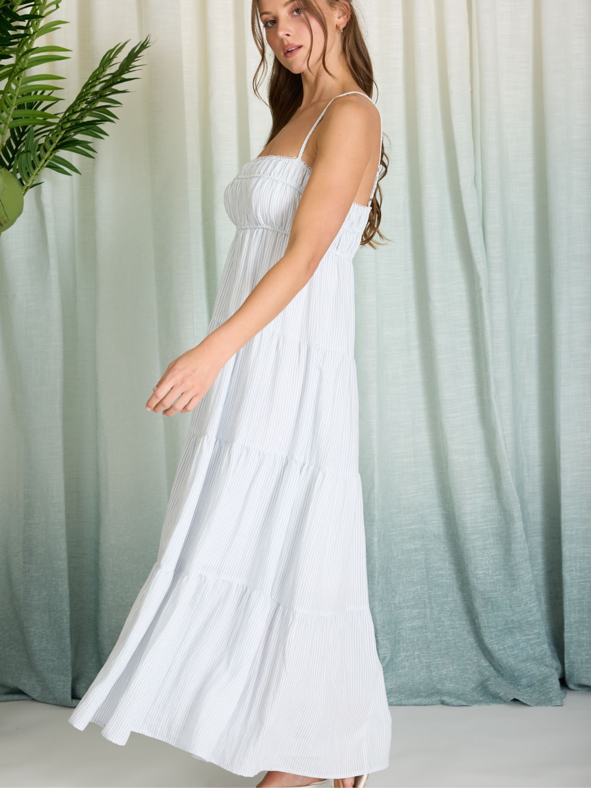 Emma Striped Tiered Empire Midi Dress (Denim Blue)