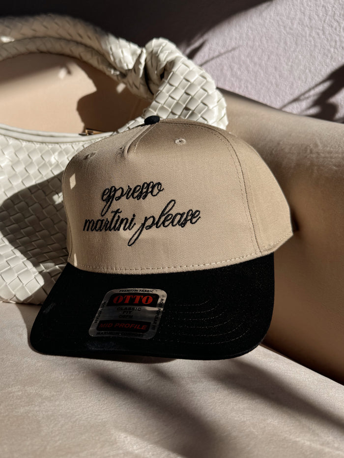 Espresso Martini Please Embroidered Trucker Hat (Khaki/Black)