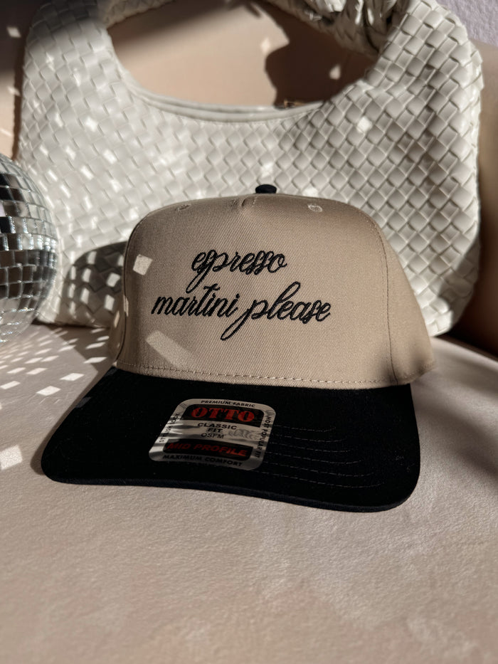 Espresso Martini Please Embroidered Trucker Hat (Khaki/Black)