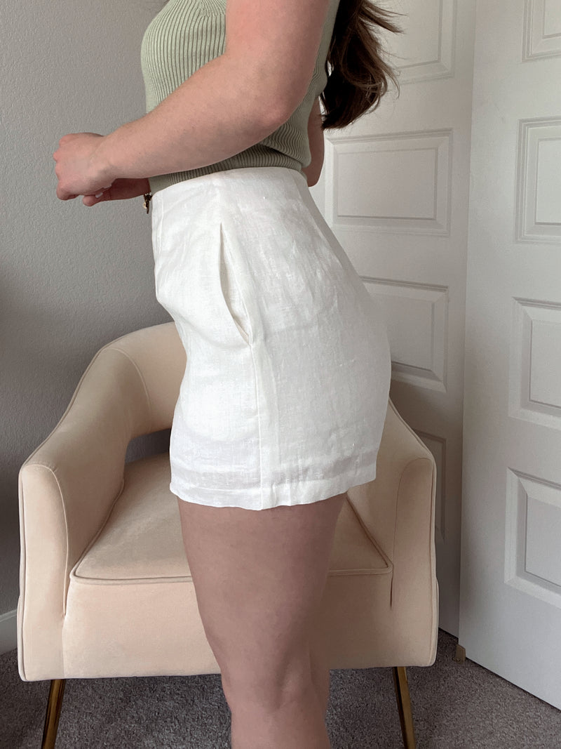 European Summer High Waisted 100% Linen Shorts (Off White)