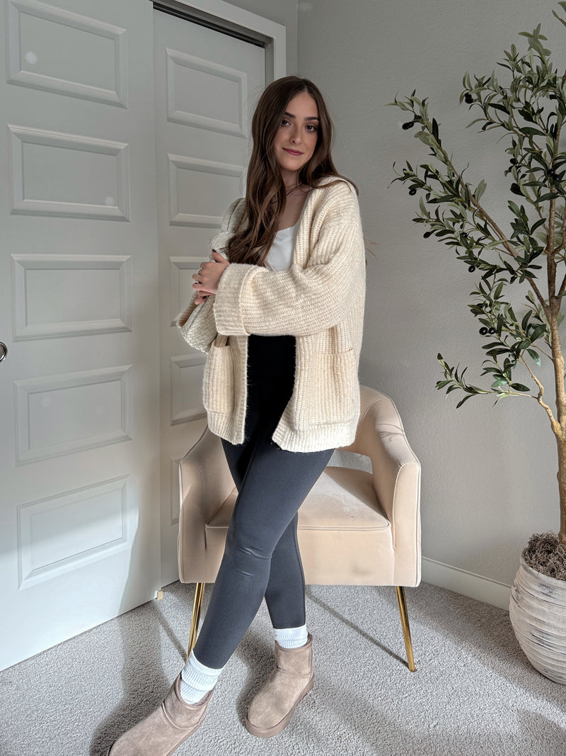 Evelyn Oversized Open-Front Knit Cardigan (Oat)