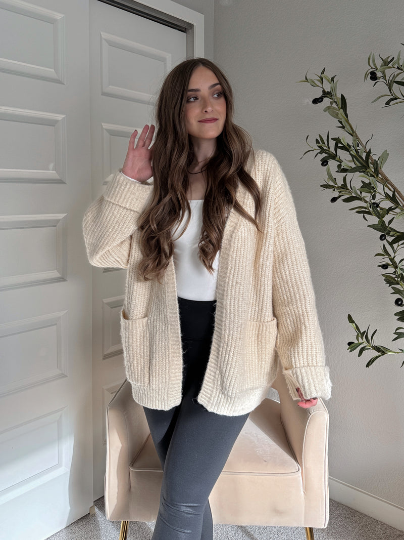 Evelyn Oversized Open-Front Knit Cardigan (Oat)