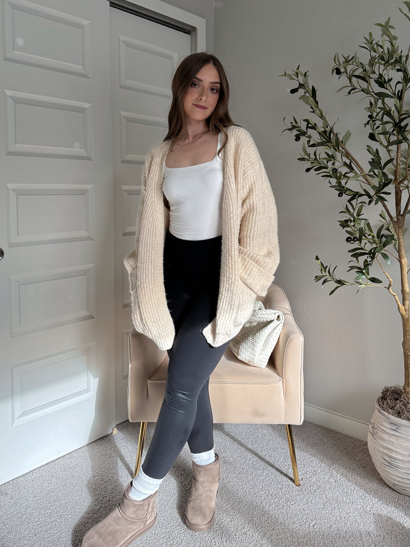 Evelyn Oversized Open-Front Knit Cardigan (Oat)