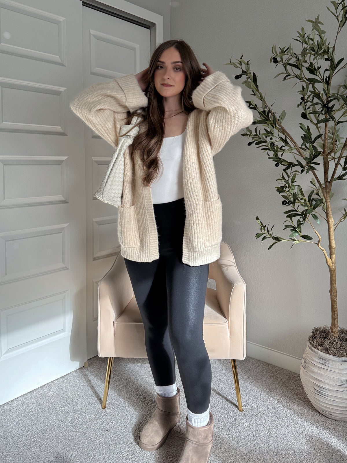 Evelyn Oversized Open-Front Knit Cardigan (Oat)