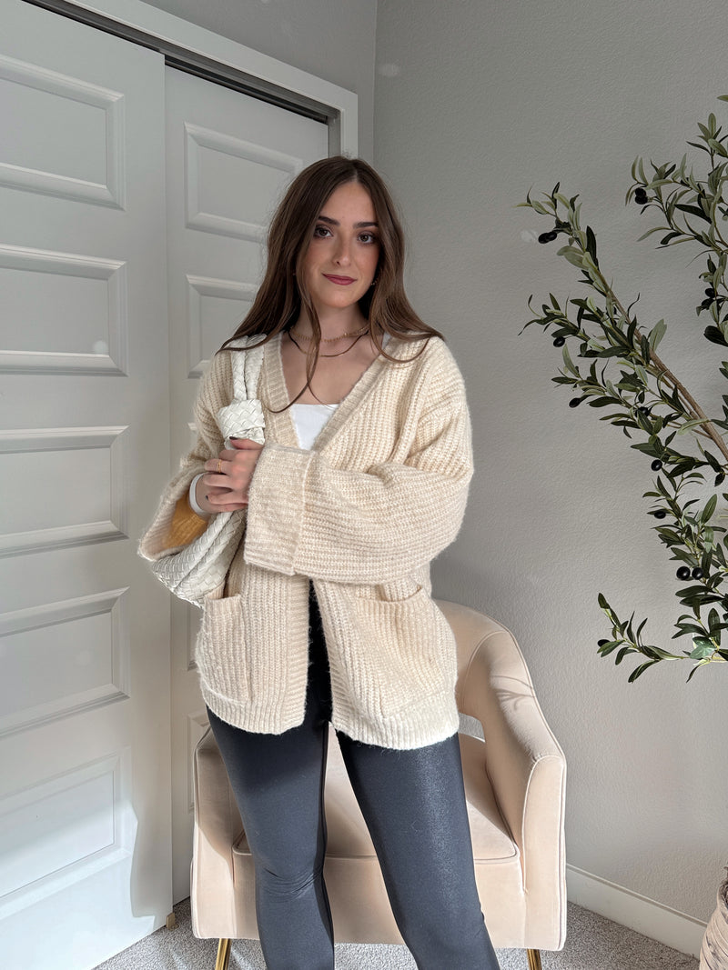 Evelyn Oversized Open-Front Knit Cardigan (Oat)