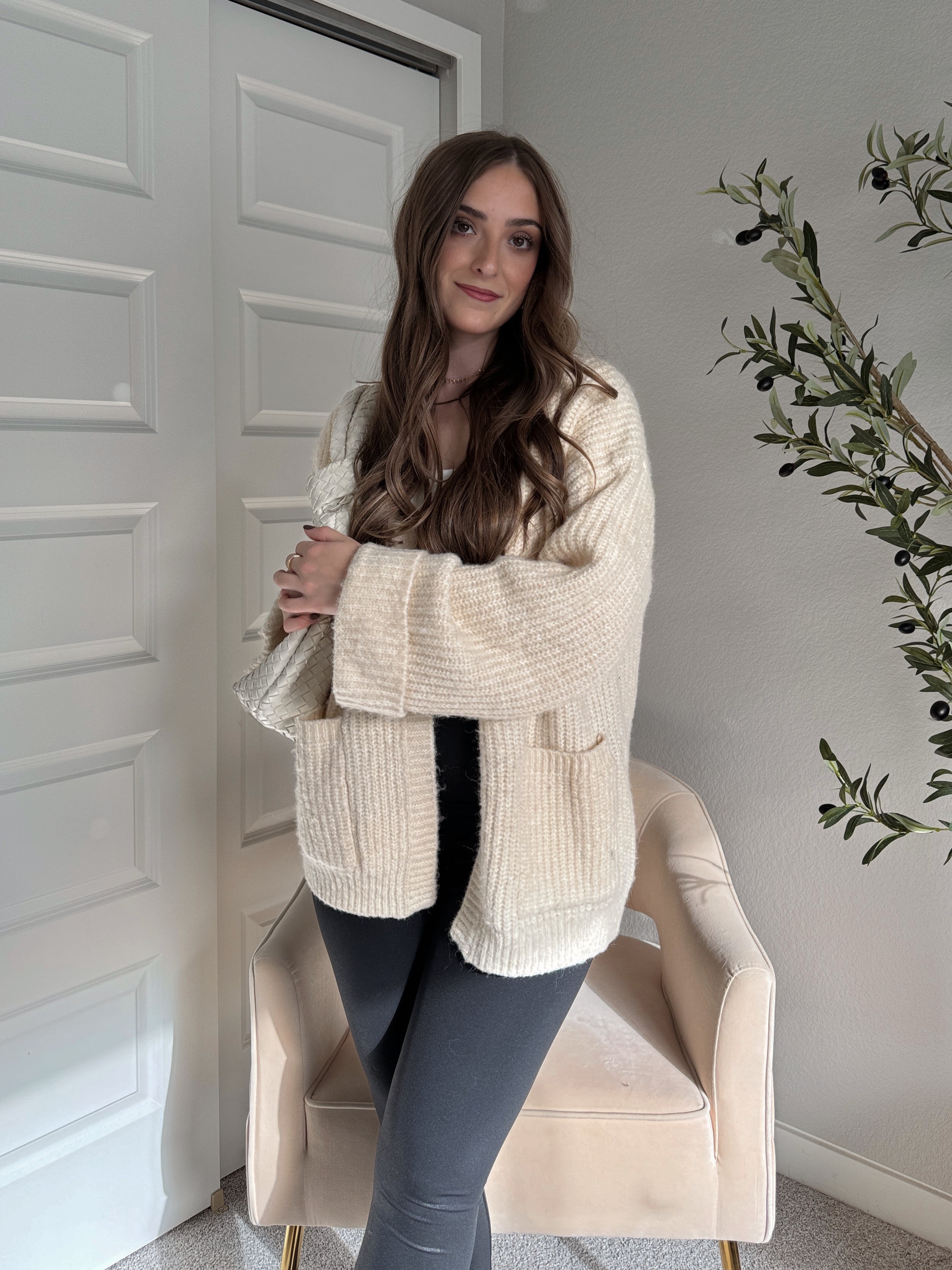 トップス OVY Lamb Wool Crew Neck Cardigan (beige) Cream Oversized Open Front Long Sleeve Cardigan | Lime Lush Boutique