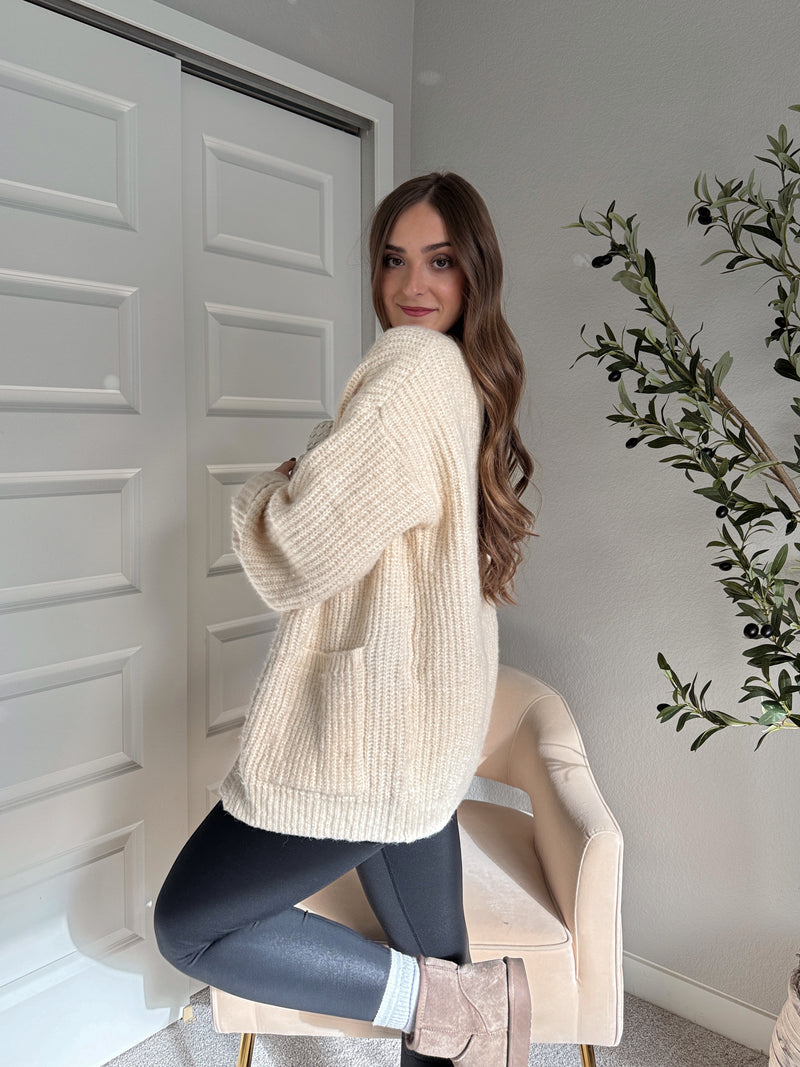 Evelyn Oversized Open-Front Knit Cardigan (Oat)