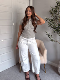 Felicity Gingham Collared Short Sleeve Contoured Top (Olive)