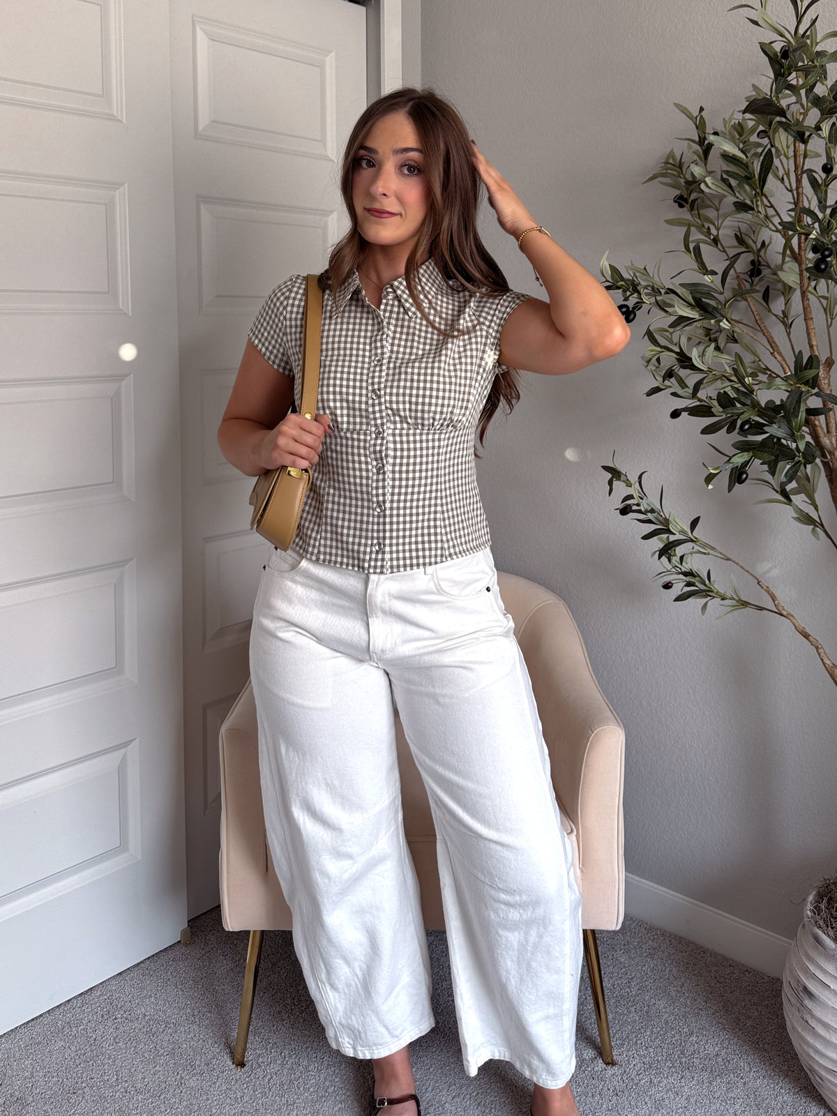 Felicity Gingham Collared Short Sleeve Contoured Top (Olive)