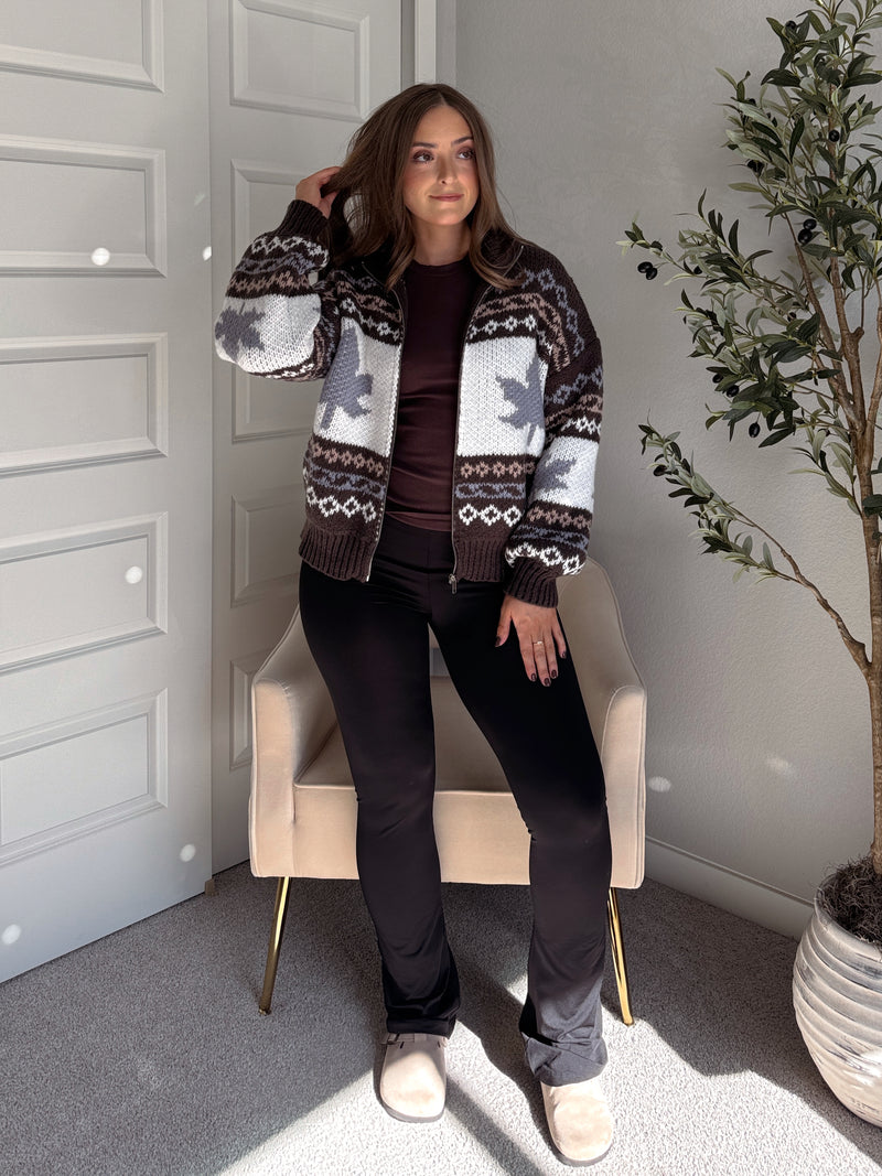 Fireside Collared Fair Isle Zip-Up Sweater Jacket (Brown/Multi)
