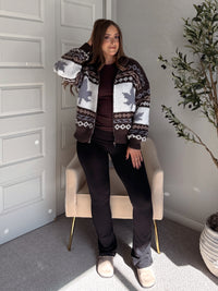 Fireside Collared Fair Isle Zip-Up Sweater Jacket (Brown/Multi)