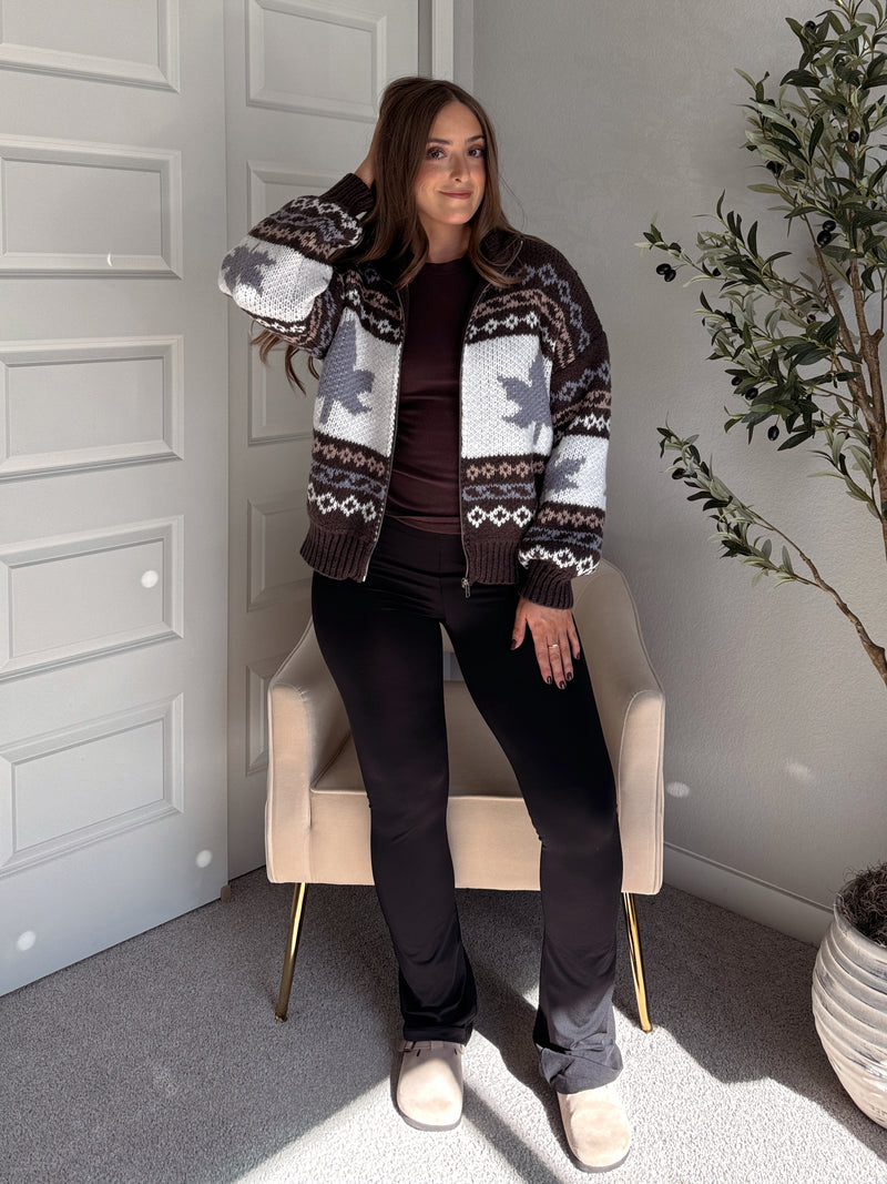Fireside Collared Fair Isle Zip-Up Sweater Jacket (Brown/Multi)
