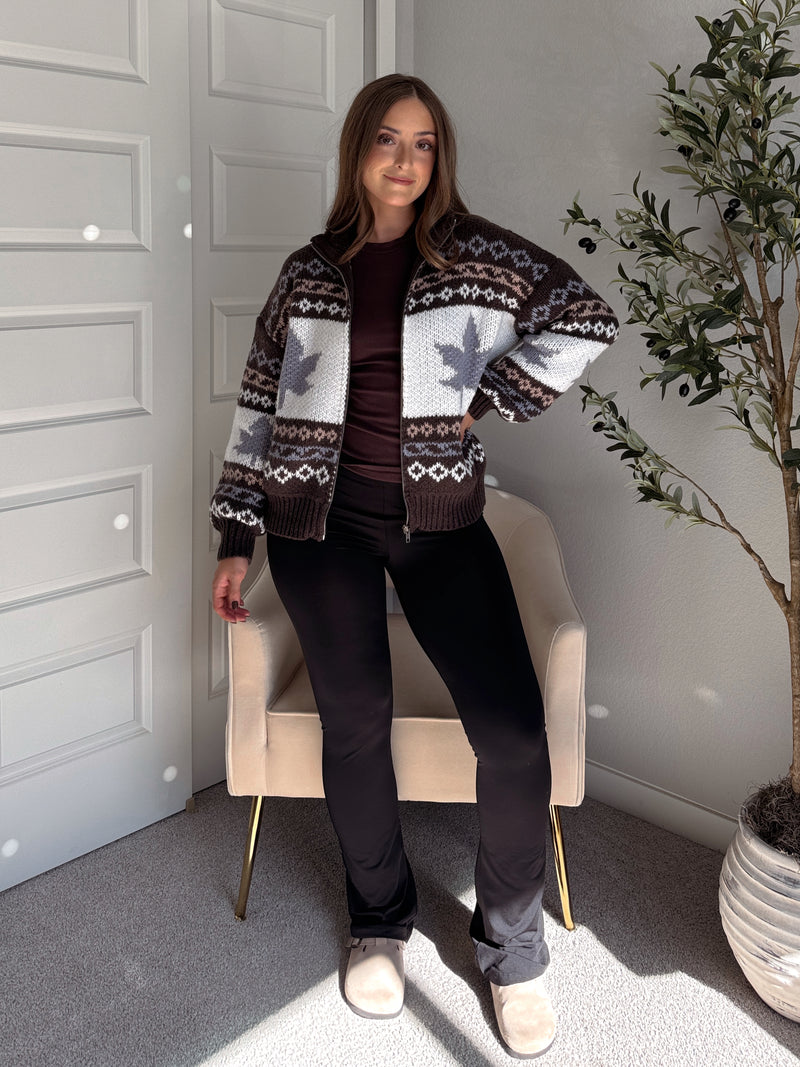 Fireside Collared Fair Isle Zip-Up Sweater Jacket (Brown/Multi)