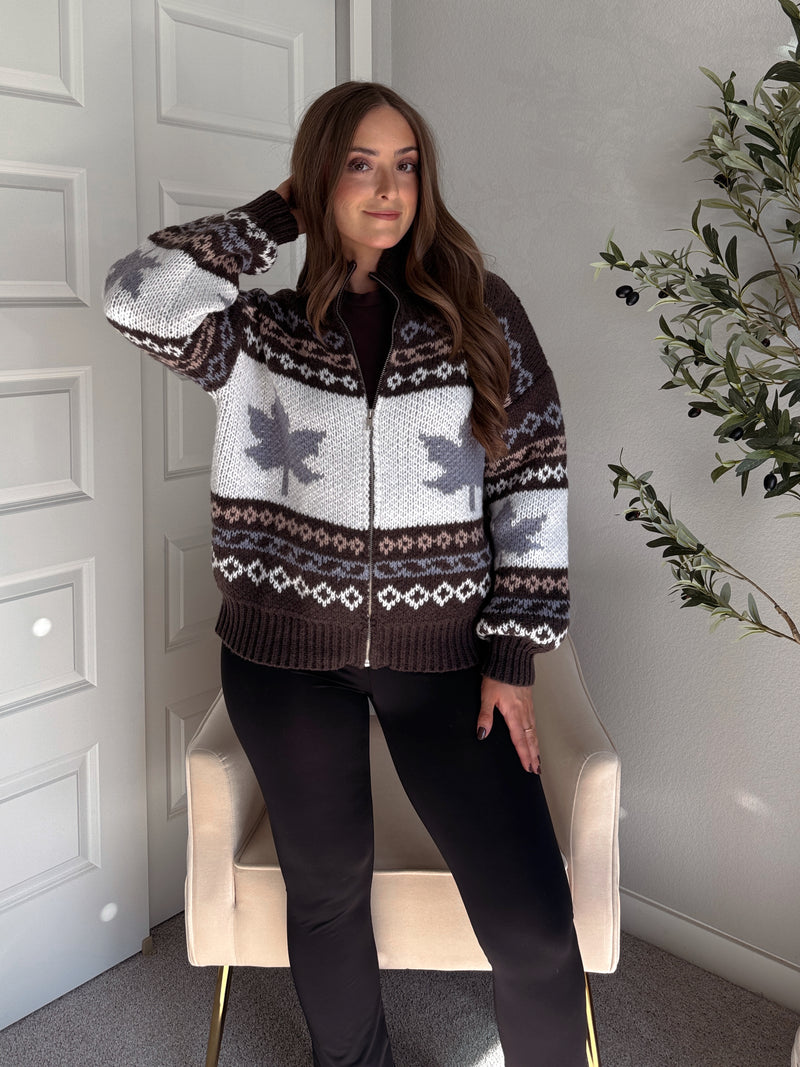 Fireside Collared Fair Isle Zip-Up Sweater Jacket (Brown/Multi)