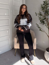 Fireside Collared Fair Isle Zip-Up Sweater Jacket (Brown/Multi)