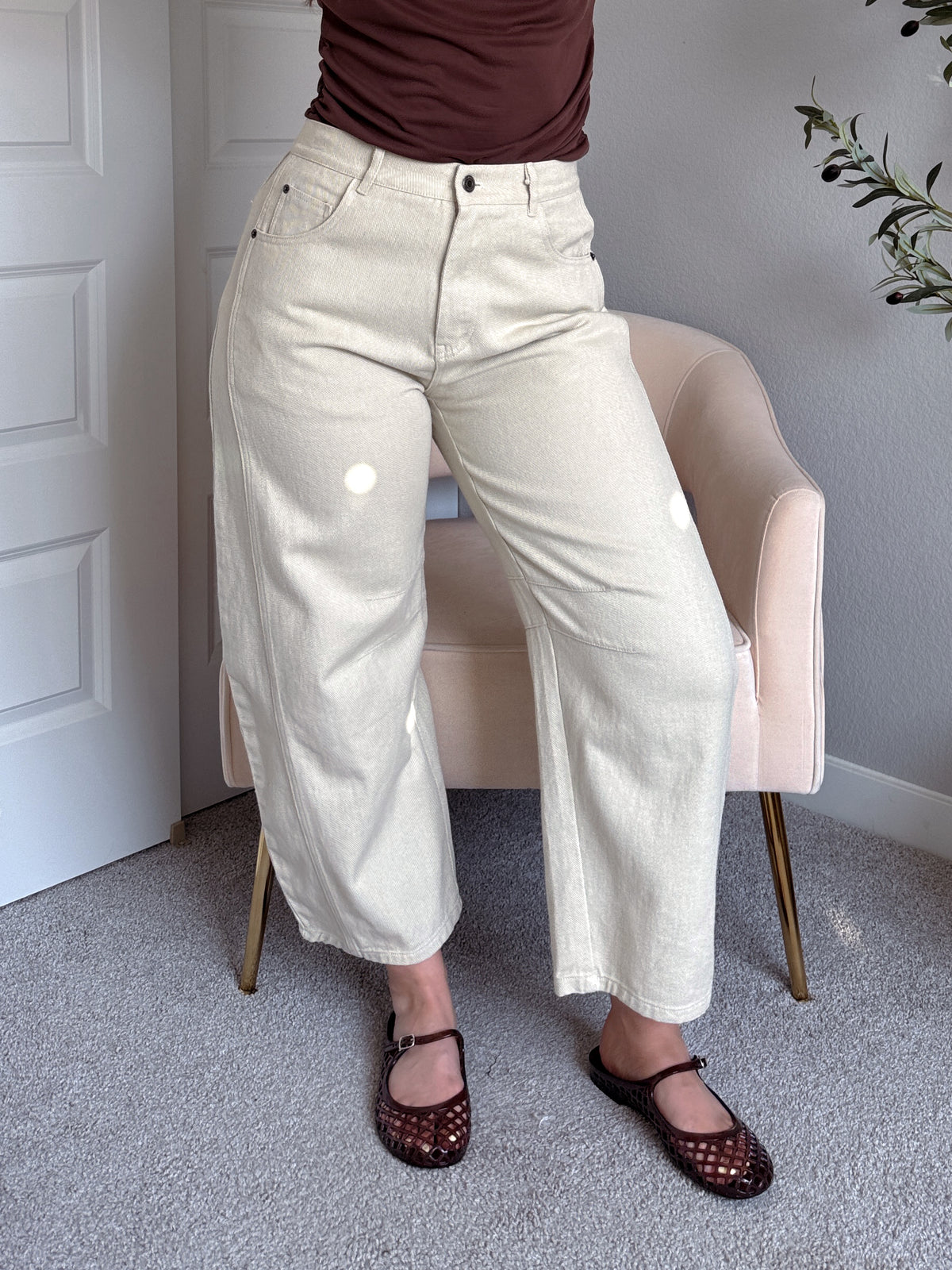 Frankie Mid Rise Cotton Barrel Pants (Taupe)